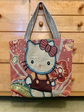 Hello Kitty Floral Woven Tapestry Large Tote Bag With Zipper Closure